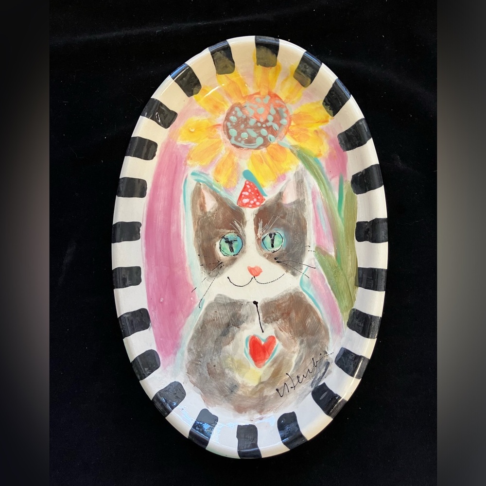 Hand Painted Ceramic Serving Tray” Cat & Sunflower Design 12”x8”Original